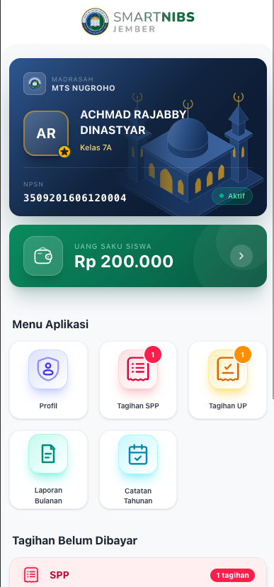 Tampilan beranda aplikasi Smart NIBS: kartu santri, saldo uang saku, menu tagihan SPP dan UP