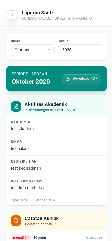 Tangkapan layar Laporan Santri Bulanan